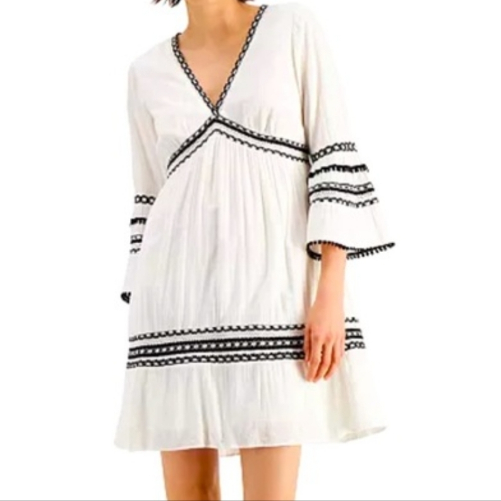 INC Romantic Boho Hippie Gauze Large white and black Bell Sleeve Mini Dress